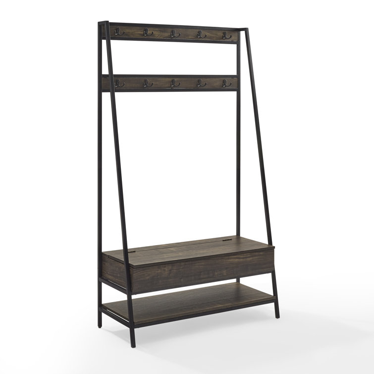 Jacobsen Industrial Brown Ash and Matte Black Hall Tree with Storage