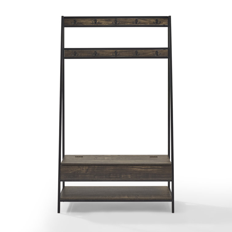 Jacobsen Industrial Brown Ash and Matte Black Hall Tree with Storage