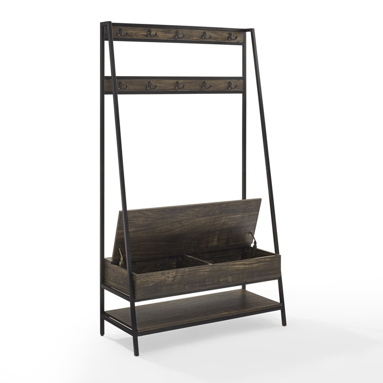 Jacobsen Industrial Brown Ash and Matte Black Hall Tree with Storage