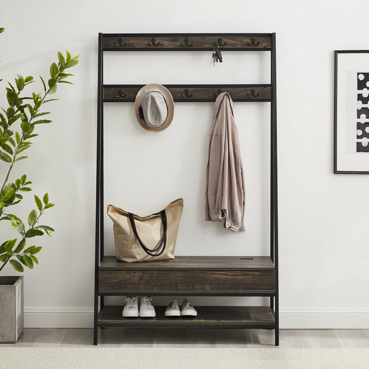 Jacobsen Industrial Brown Ash and Matte Black Hall Tree with Storage