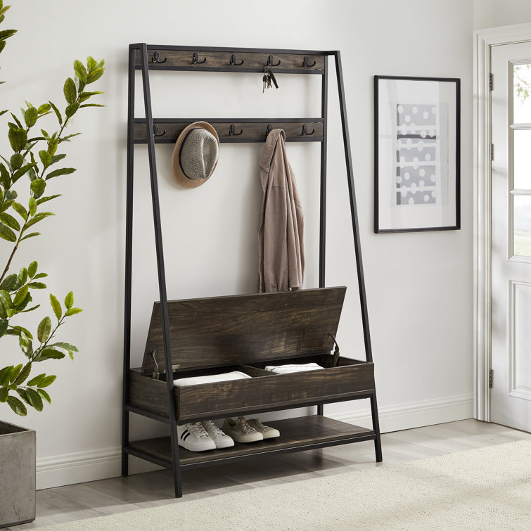 Jacobsen Industrial Brown Ash and Matte Black Hall Tree with Storage