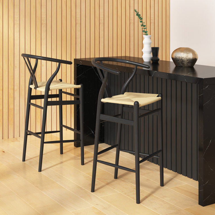 Black and Natural Wood Counter Stool with Wicker Seat