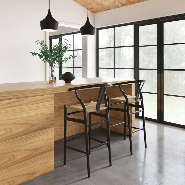 Black and Natural Wood Counter Stool with Wicker Seat