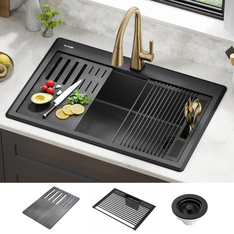 Metallic Black Granite Composite Single Bowl Workstation Sink