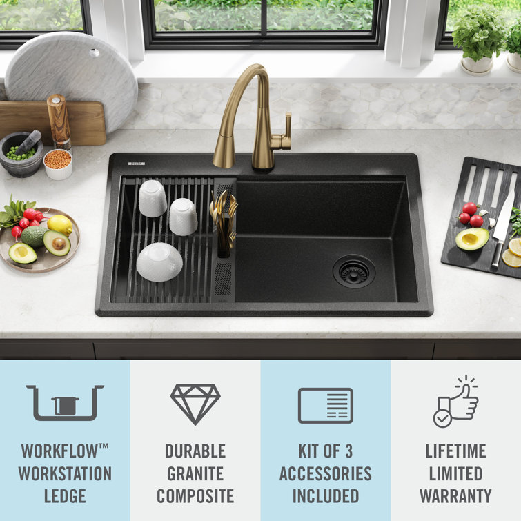 Metallic Black Granite Composite Single Bowl Workstation Sink