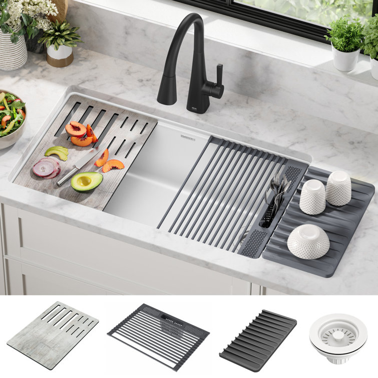 White Granite Composite Drop-in Workstation Kitchen Sink