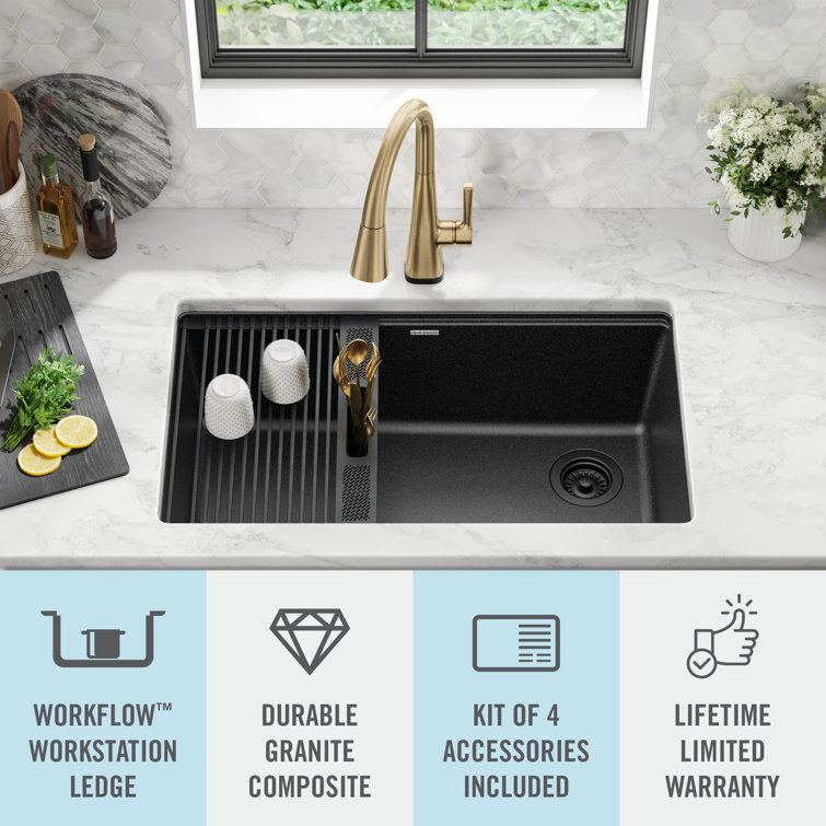 Metallic Black Granite Composite Single Bowl Workstation Sink with Drainboard