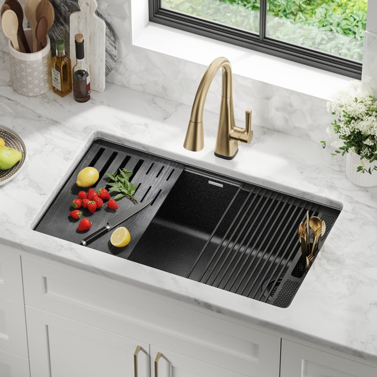 Metallic Black Granite Composite Single Bowl Workstation Sink with Drainboard