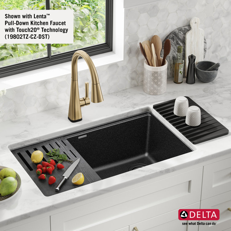 Metallic Black Granite Composite Single Bowl Workstation Sink with Drainboard