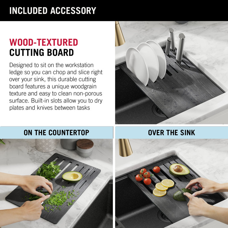 Metallic Black Granite Composite Single Bowl Workstation Sink with Drainboard