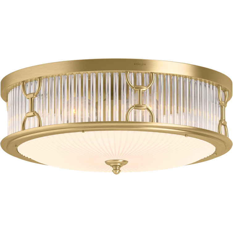 Terret Brushed Moderne Brass and Glass Drum Flush-Mount Light