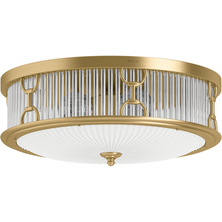 Terret Brushed Moderne Brass and Glass Drum Flush-Mount Light