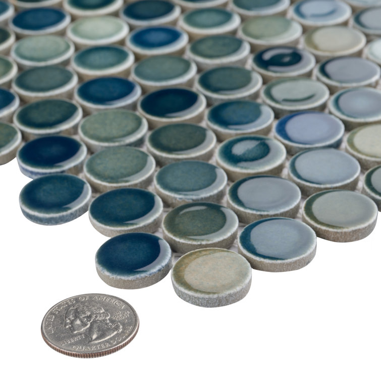 Light Blue and Green Porcelain Penny Round Mosaic Tile