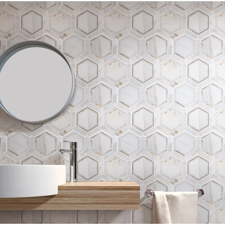 Calacatta Gold and Mother of Pearl Honeycomb Mosaic Tile