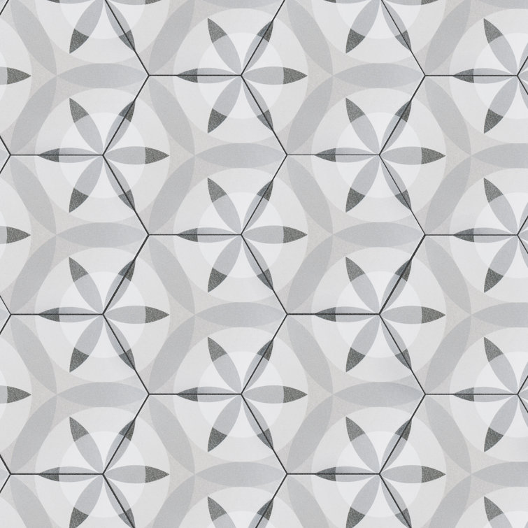 Hexatile 7"x 8" Gray Porcelain Patterned Wall & Floor Tile