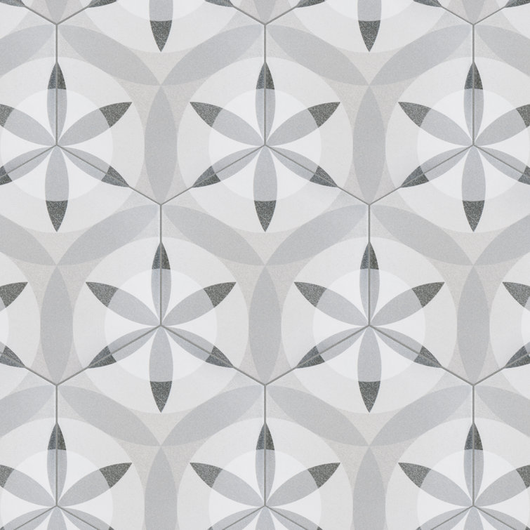 Hexatile 7"x 8" Gray Porcelain Patterned Wall & Floor Tile