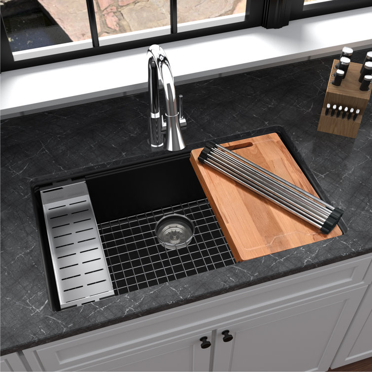 Black Quartz Composite Single Bowl Undermount Workstation Sink