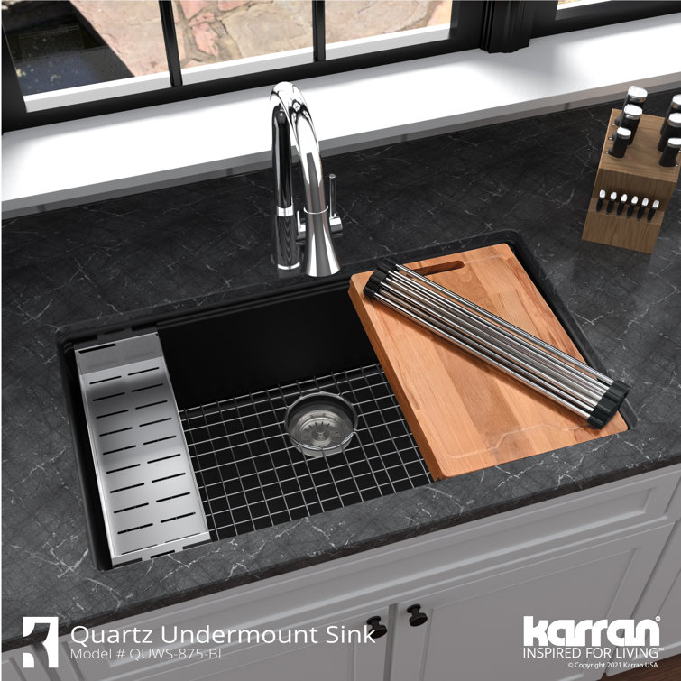 Black Quartz Composite Single Bowl Undermount Workstation Sink