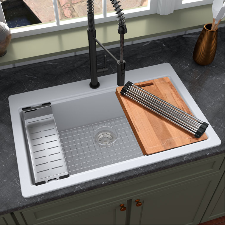 White Quartz 33'' Single Bowl Drop-in Kitchen Sink