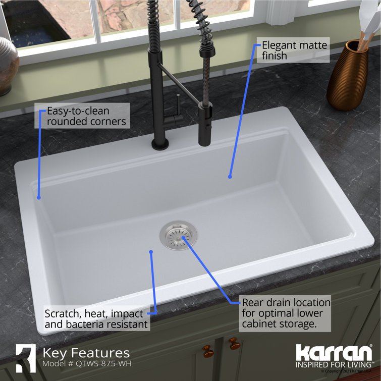 White Quartz 33'' Single Bowl Drop-in Kitchen Sink