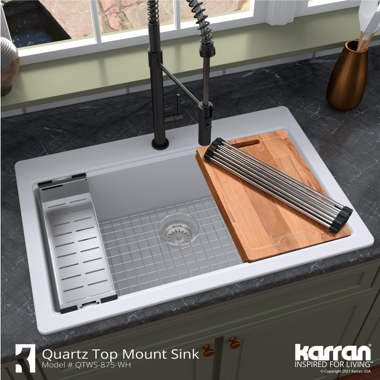 White Quartz 33'' Single Bowl Drop-in Kitchen Sink