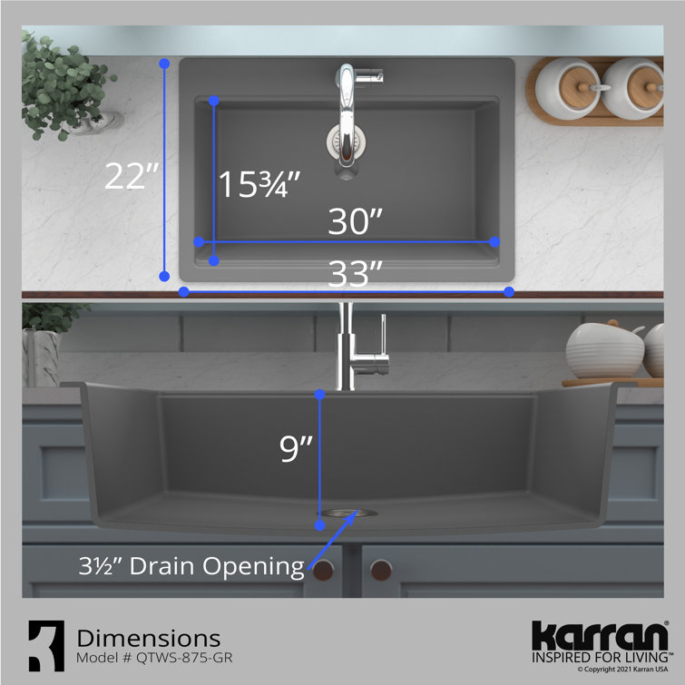 Gray Quartz 33'' Single Bowl Drop-in Workstation Sink