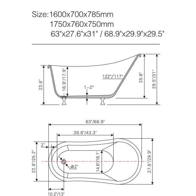 68.9" White Acrylic Clawfoot Freestanding Bathtub