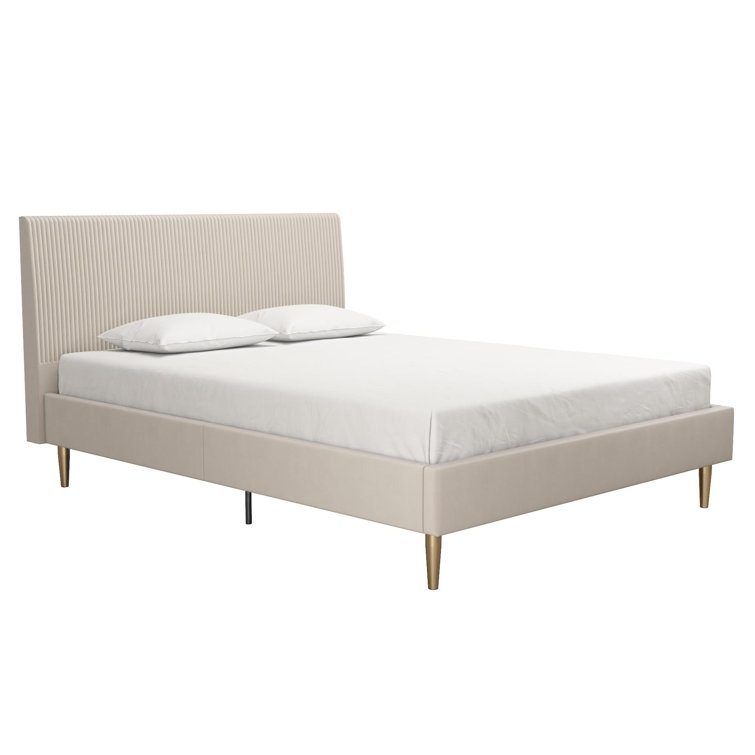 Ivory Velvet Queen Upholstered Platform Bed with Tufted Headboard