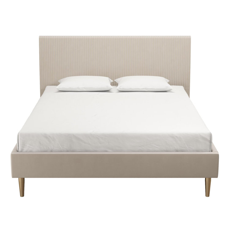 Ivory Velvet Full Upholstered Bed with Tufted Headboard and Slats