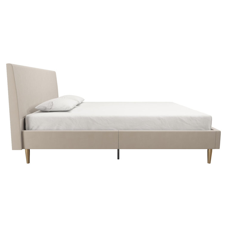 Ivory Velvet Full Upholstered Bed with Tufted Headboard and Slats