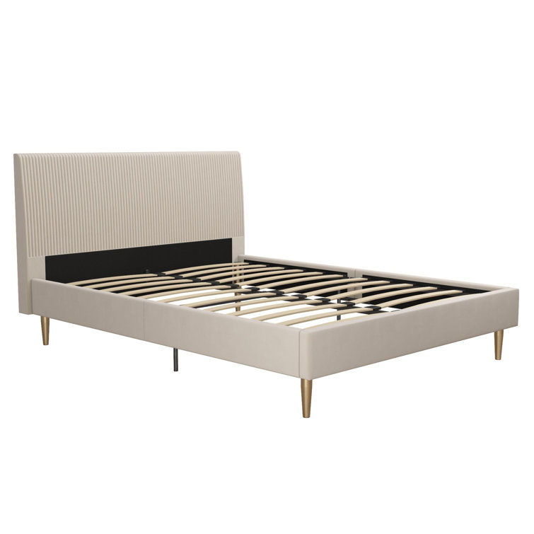 Ivory Velvet Queen Upholstered Platform Bed with Tufted Headboard