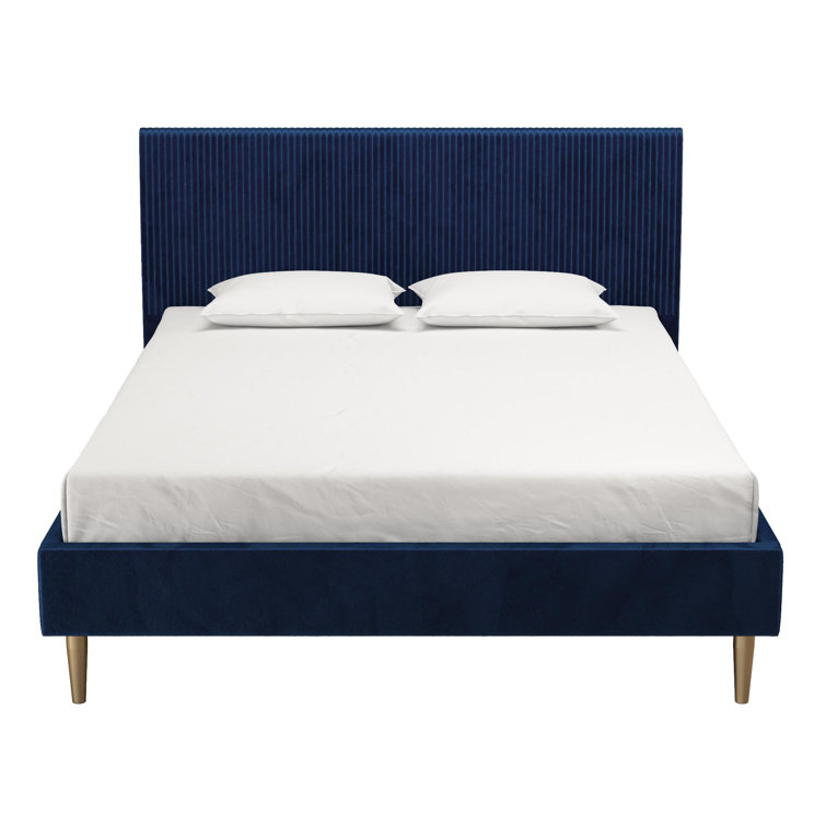 Serene Blue Velvet Queen Platform Bed with Tufted Headboard