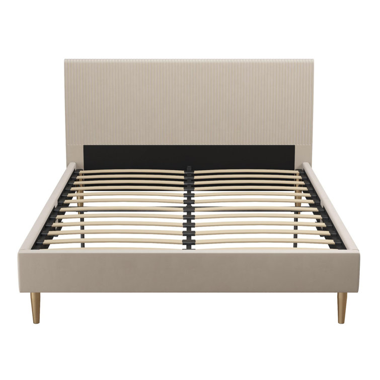 Ivory Velvet Full Upholstered Bed with Tufted Headboard and Slats