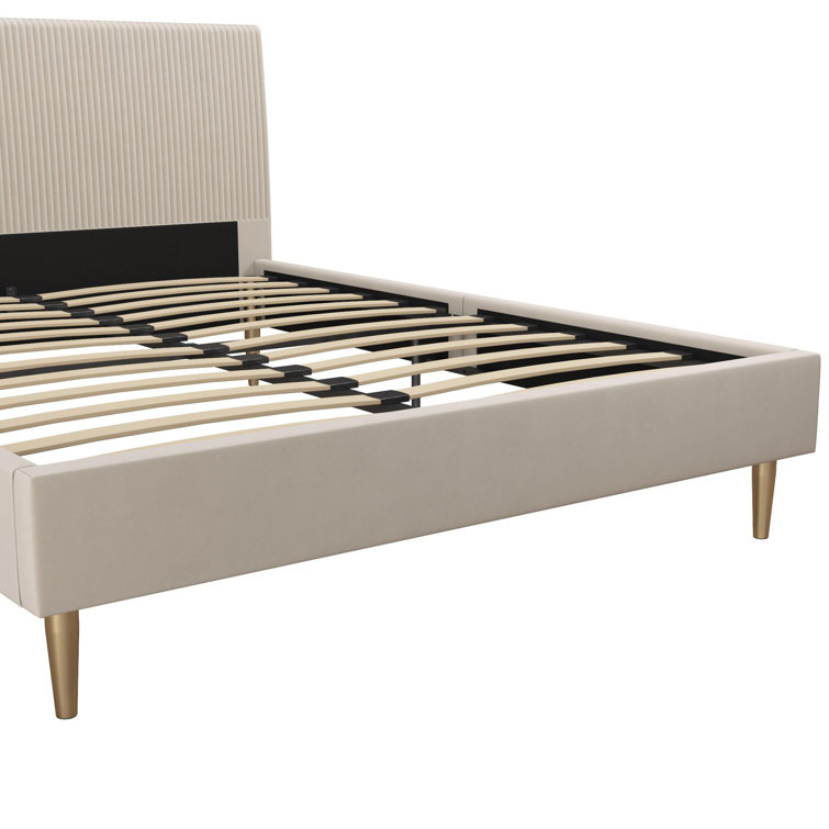 Ivory Velvet Queen Upholstered Platform Bed with Tufted Headboard