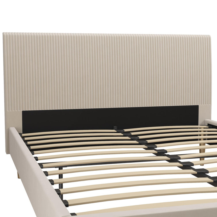 Ivory Velvet Queen Upholstered Platform Bed with Tufted Headboard