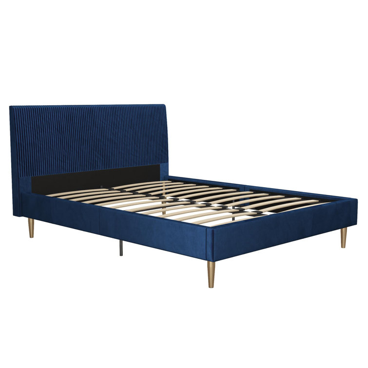 Serene Blue Velvet Queen Platform Bed with Tufted Headboard