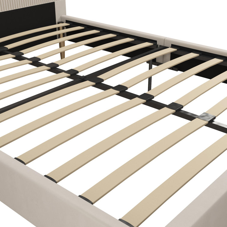 Ivory Velvet Full Upholstered Bed with Tufted Headboard and Slats