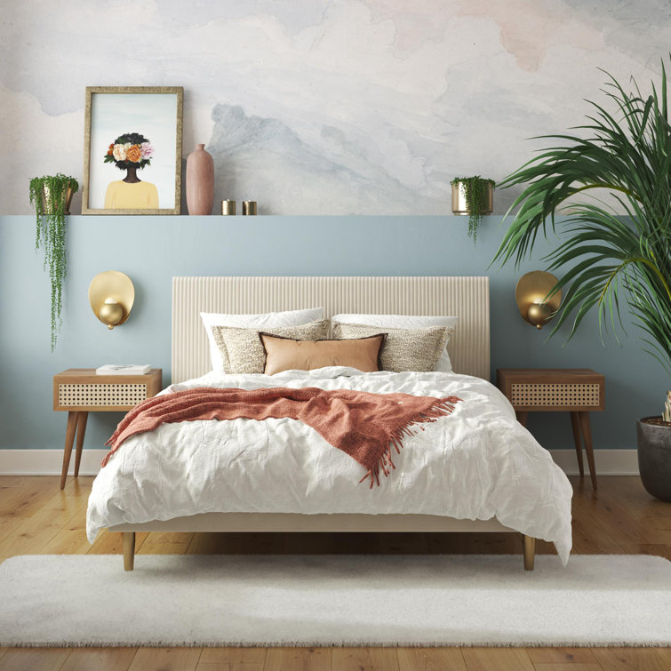 Ivory Velvet Full Upholstered Bed with Tufted Headboard and Slats