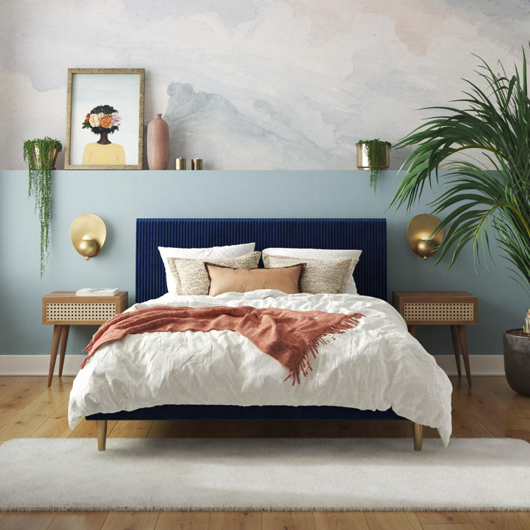 Serene Blue Velvet Queen Platform Bed with Tufted Headboard