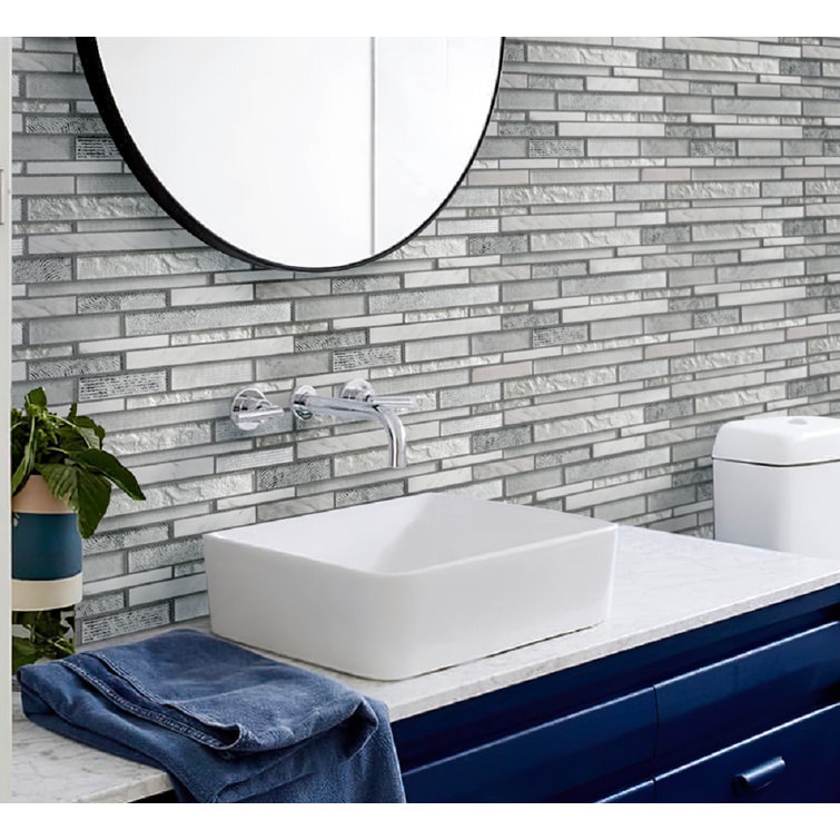 White and Silver Linear Mosaic Glass and Marble Tile