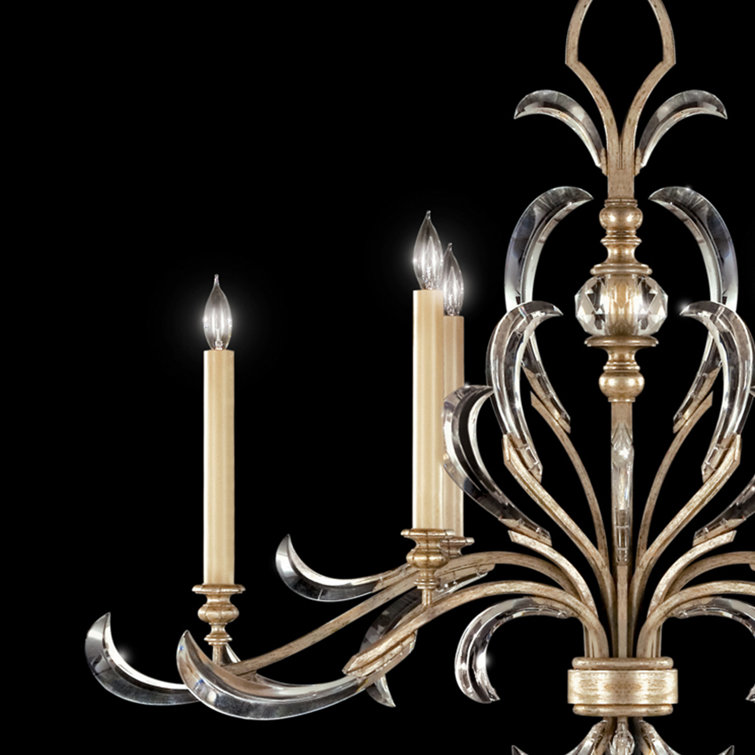 Elegant Silver Leaf 6-Light Chandelier with Arcing Beveled Crystals