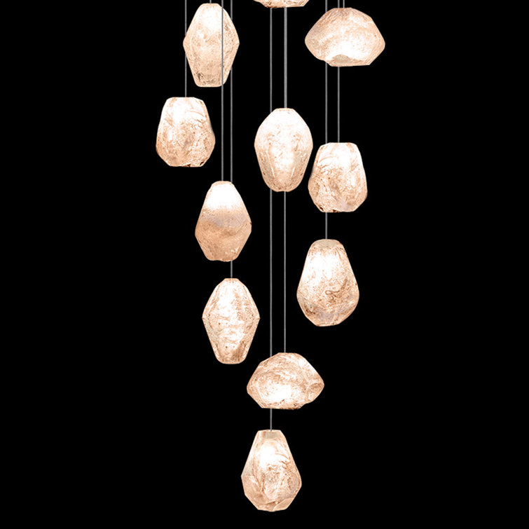 Natural Quartz Glass 15-Light LED Pendant in Platinized Silver