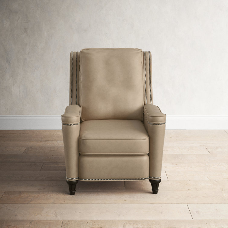 Handcrafted Beige Leather and Wood Traditional Recliner