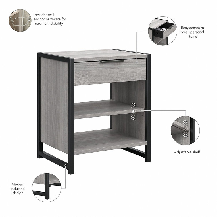Platinum Gray Industrial Nightstand with Drawer and Shelves