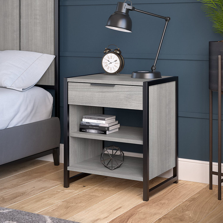 Platinum Gray Industrial Nightstand with Drawer and Shelves