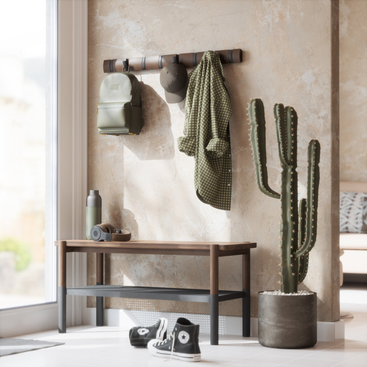 Flip Black and Walnut Solid Wood Wall Mounted Coat Rack with 8 Hooks