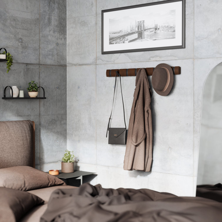 Flip Black and Walnut Solid Wood Wall Mounted Coat Rack with 8 Hooks