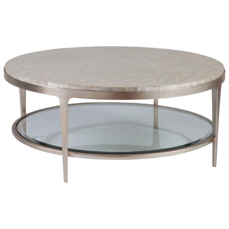 Silver Round Metal Cocktail Table with Capiz Shell Inlay