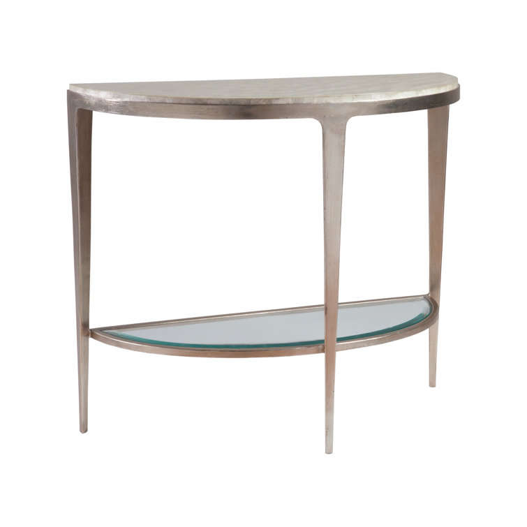 Contemporary Silver Metal & Glass Demilune Console with Storage