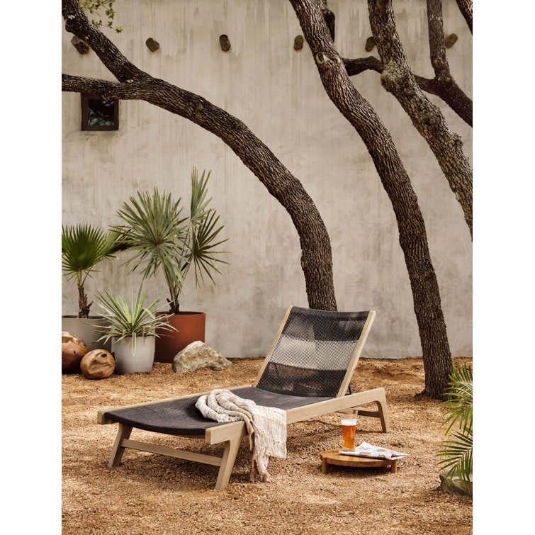 Washed Brown Teak Outdoor Chaise Lounge with Handwoven Rope